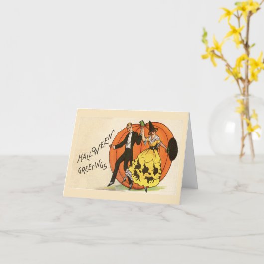 Carte Citations Halloween Couple Dansant Citrouille Vint (Fleur jaune)