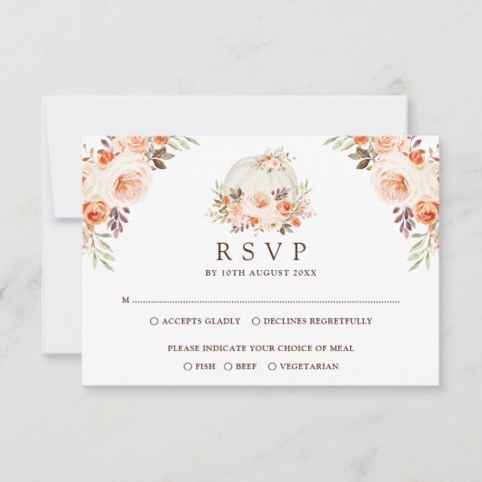 Carte Citrouille blanc rustique automne fleurs mariage R (Devant)