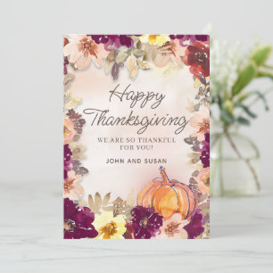Carte Citrouille Bourgogne rose Floral Thanksgiving Salu