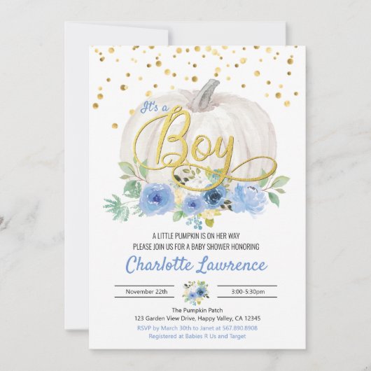 Carte Citrouille C'est un garçon Baby shower Blue Invita (Devant)