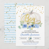 Carte Citrouille C'est un garçon Baby shower Blue Invita (Devant / Derrière)