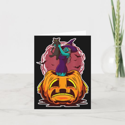 Carte Citrouille de sorcière chat noir et sorcier effray (Devant)