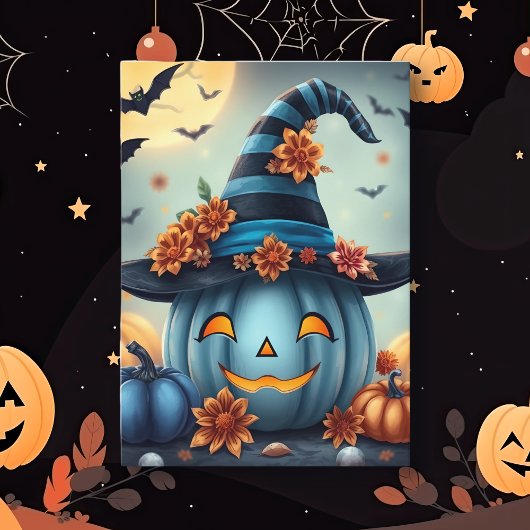 Carte Citrouille d'Halloween bleue Jack-o-lantern