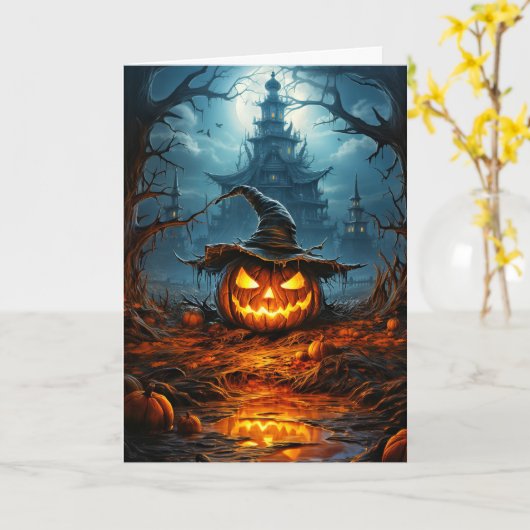 Carte Citrouille d'Halloween éffrayant (Fleur jaune)