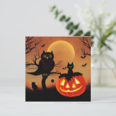 Carte Citrouille d'Halloween, hibou et chat la nuit. (Debout devant)