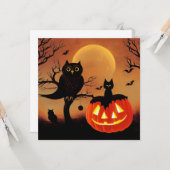 Carte Citrouille d'Halloween, hibou et chat la nuit. (Devant/Arrière en situation)