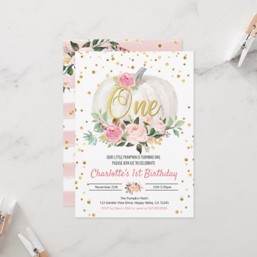 Carte Citrouille fille 1er anniversaire fête rose Invita (Devant/Arrière en situation)