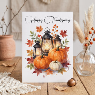 Carte Citrouille Lanterne Rustique Aquarelle Thanksgivin