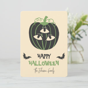 Carte Citrouille moderne à 3 yeux heureux Halloween Nom