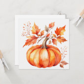 Carte Citrouille orange aquarelle et feuilles d'automne  (Devant/Arrière en situation)