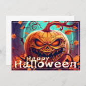 Carte Citrouille orange effrayant avec visage, Halloween (Devant / Derrière)