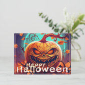 Carte Citrouille orange effrayant avec visage, Halloween (Debout devant)