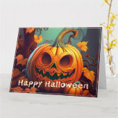 Carte Citrouille orange effrayant avec visage, Halloween (Fleur jaune)