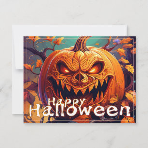 Carte Citrouille orange effrayant avec visage, Halloween