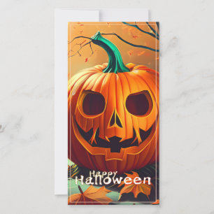 Carte Citrouille orange effrayant avec visage, Halloween
