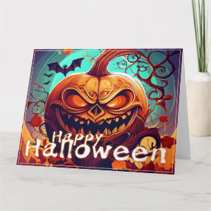 Carte Citrouille orange effrayant avec visage, Halloween