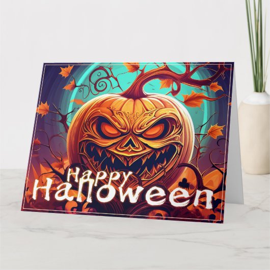 Carte Citrouille orange effrayant avec visage, Halloween (Devant)