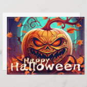 Carte Citrouille orange effrayant avec visage, Halloween (Devant / Derrière)