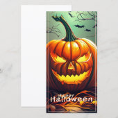 Carte Citrouille orange effrayant avec visage, Halloween (Devant / Derrière)