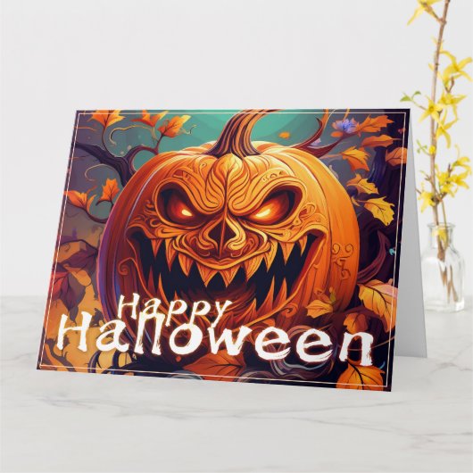 Carte Citrouille orange effrayant avec visage, Halloween (Fleur jaune)