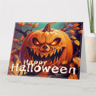 Carte Citrouille orange effrayant avec visage, Halloween