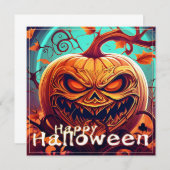 Carte Citrouille orange effrayant avec visage, Halloween (Devant / Derrière)