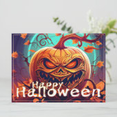 Carte Citrouille orange effrayant avec visage, Halloween (Debout devant)