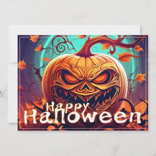 Carte Citrouille orange effrayant avec visage, Halloween (Devant)