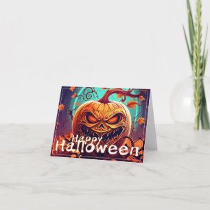 Carte Citrouille orange effrayant avec visage, Halloween
