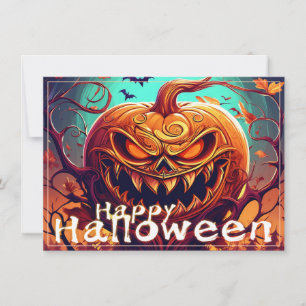 Carte Citrouille orange effrayante avec visage, Hallowee