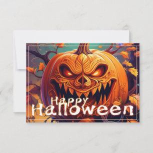 Carte Citrouille orange effrayante avec visage, Hallowee