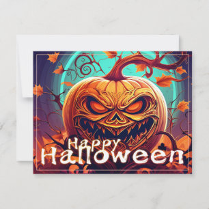 Carte Citrouille orange effrayante avec visage, Hallowee