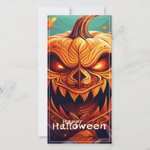 Carte Citrouille orange effrayante avec visage, Hallowee