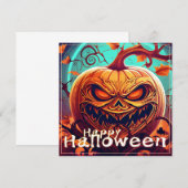Carte Citrouille orange effrayante avec visage, Hallowee (Devant / Derrière)