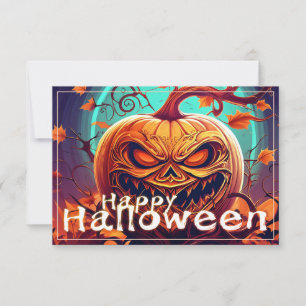 Carte Citrouille orange effrayante avec visage, Hallowee