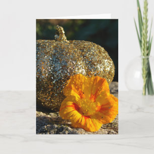 Carte Citrouille pailletée dorée et fleur orange