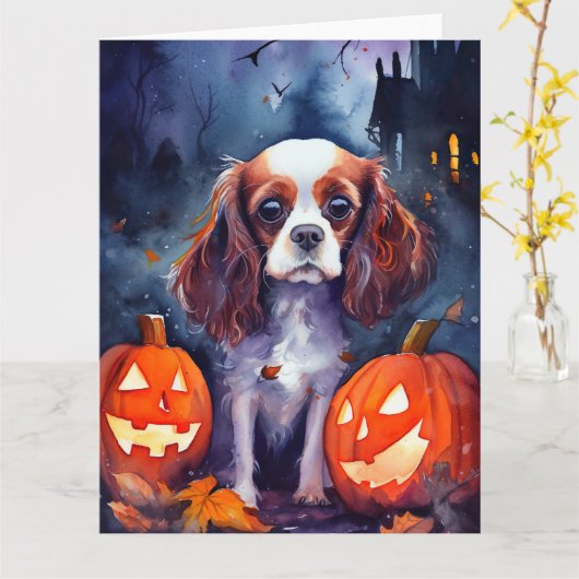 Carte Citrouilles Cavalier King Charles Spaniel Hallowee (Fleur jaune)