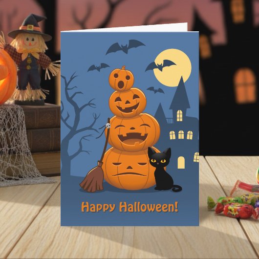 Carte Citrouilles d'Halloween et chat noir