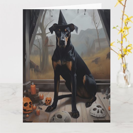 Carte Citrouilles Doberman Halloween Épouvantable (Fleur jaune)