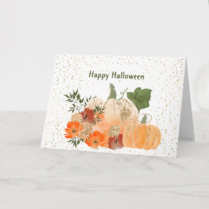 Carte Citrouilles orange Halloween Fleurs Confettis Doré