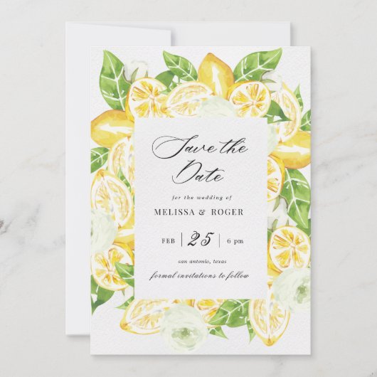 Carte Citrus Lemon Tree Élégant Enregistrer La Date Invi (Devant)