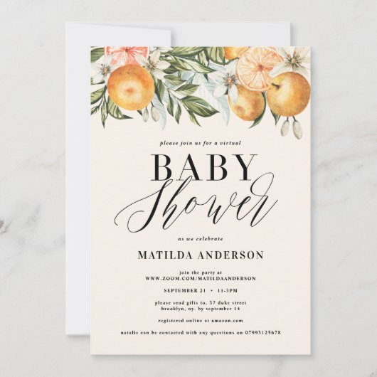 Carte Citrus, orange + baby shower virtuel en fleur (Devant)
