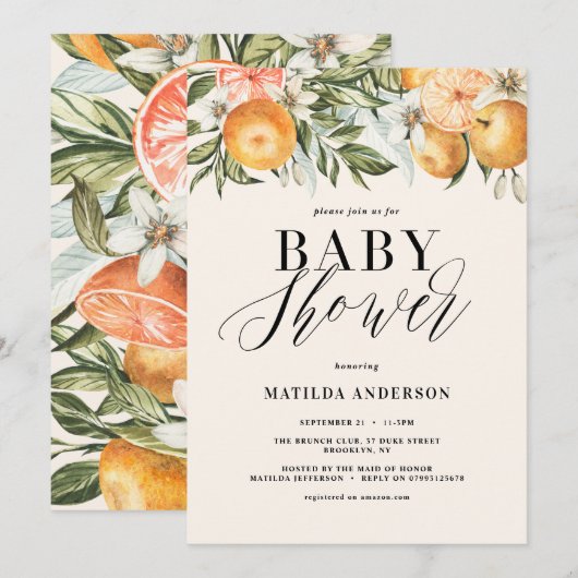 Carte Citrus, orange + fleur baby shower (Devant / Derrière)
