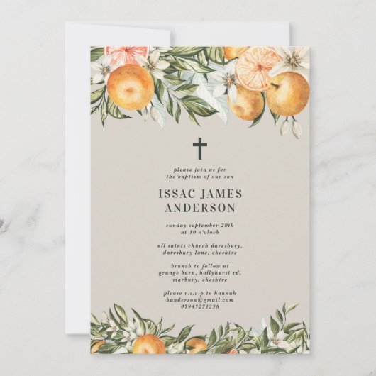 Carte Citrus, orange + fleurs baptême baptême baptême ba (Devant)