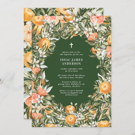 Carte Citrus, orange + fleurs baptême baptême baptême ba (Devant / Derrière)