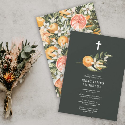 Carte Citrus, orange + fleurs baptême baptême baptême ba