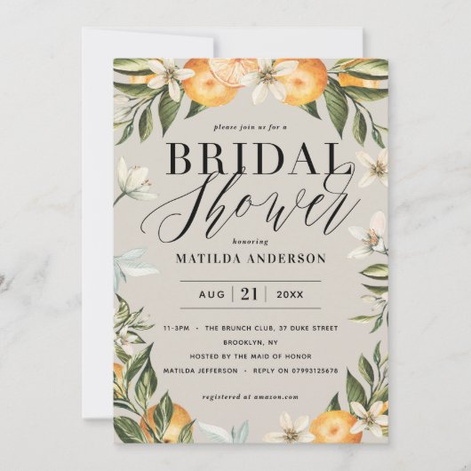 Carte Citrus, oranger + fleur fête de la douche nuptiale (Devant)