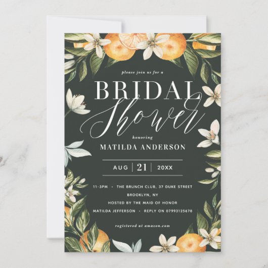 Carte Citrus, oranger + fleur fête de la douche nuptiale (Devant)