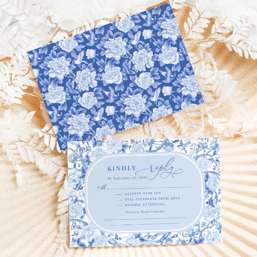 Carte Classic Blue Chinoiserie Bird Peony Wedding RSVP