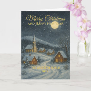 Carte Classic Snowy Village Nom de famille Noël